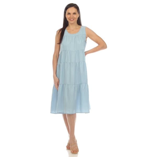 Womens White Mark Sleeveless Tiered Chambray Midi Dress