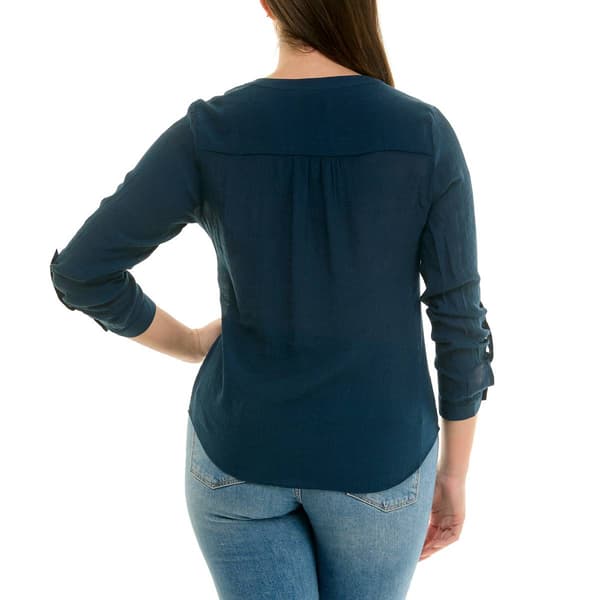 Womens Zac & Rachel 3/4 Roll Tab Sleeve Tie Front Solid Blouse