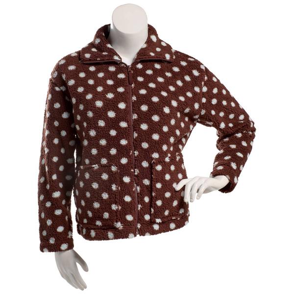 Juniors Pink Rose Polka Dot Sherpa Zip Front Jacket- Brown