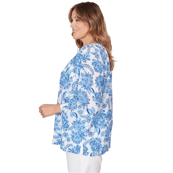 Plus Size Hearts of Palm Embraceable Blue Floral Crinkle Blouse