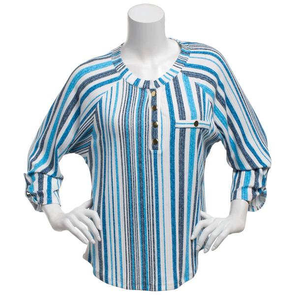 Womens Cure 3/4 Roll Tab Sleeve Stripe Button Front Blouse - image 