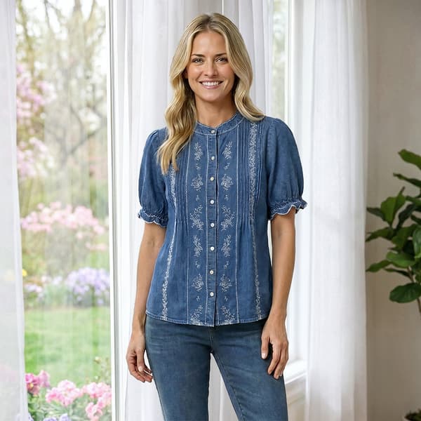Womens Nanette Lepore Ruffle Cuff Embroidered Button Front Blouse