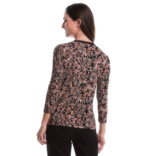 Petite Rafaella® 3/4 Puff Sleeve V Neck Savannah Floral Blouse