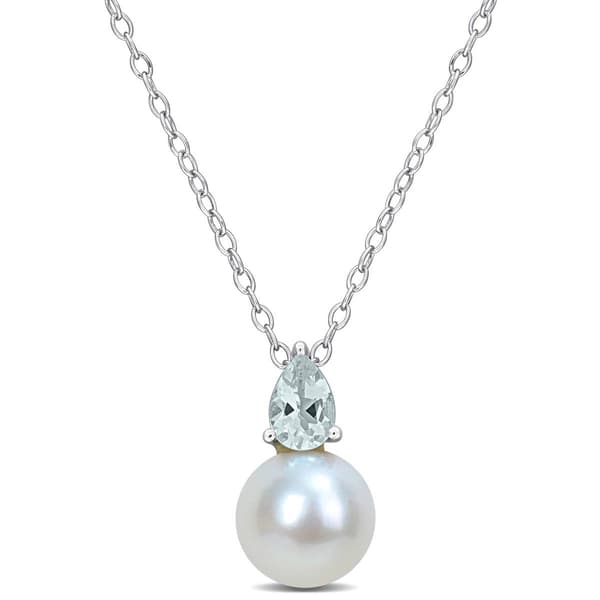 Gemstone Classics(tm) Freshwater Pearl & Aquamarine Pendant