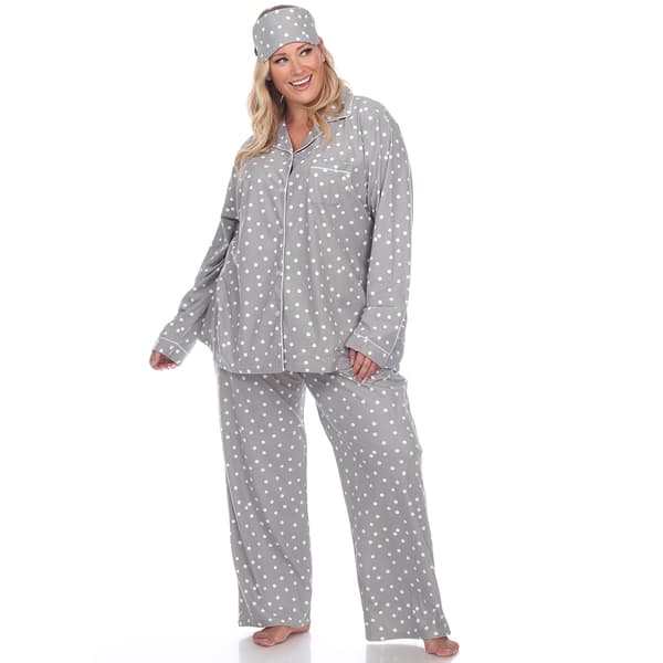 Plus Size White Mark Dotted Long Sleeve 3pc. Pajama Set