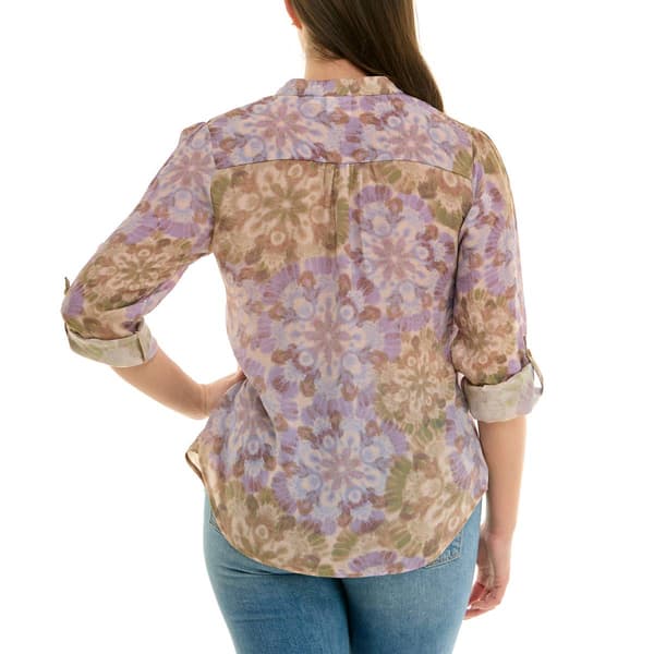 Womens Zac & Rachel 3/4 Roll Sleeve Watercolor Floral Blouse