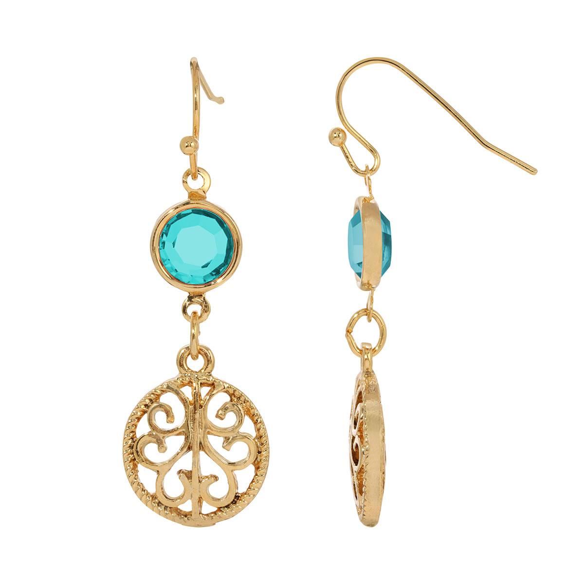 1928 Gold Tone w/ Blue Zircon Dangling Disks Earrings