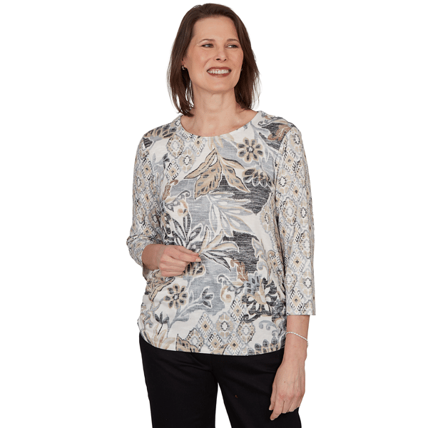 Petite Alfred Dunner Classics 3/4 Sleeve Geo Leaf Blouse - image 