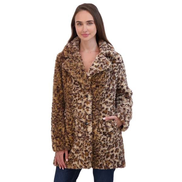 Womens Sebby Crushed Faux Fur Coat w/Notch Collar - Leopard