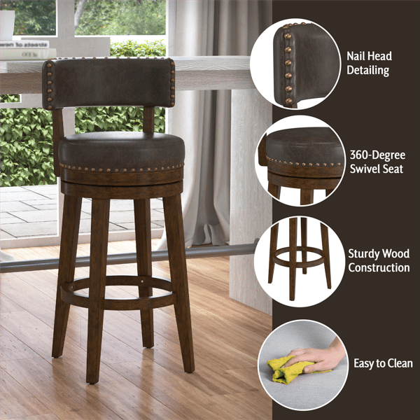 HH2 Home Lawton Wood & Upholstered Swivel Bar Height Stool