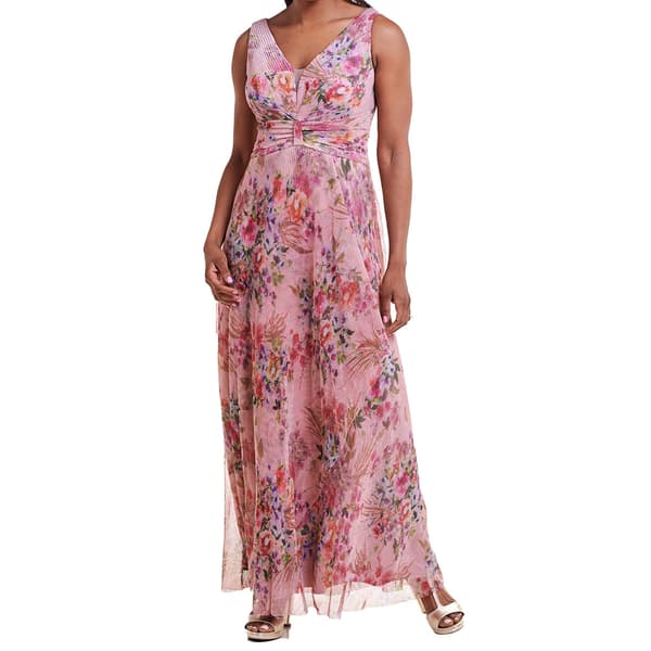 Womens R&M Richards Floral Sleeveless V-Neck A-Line Gown