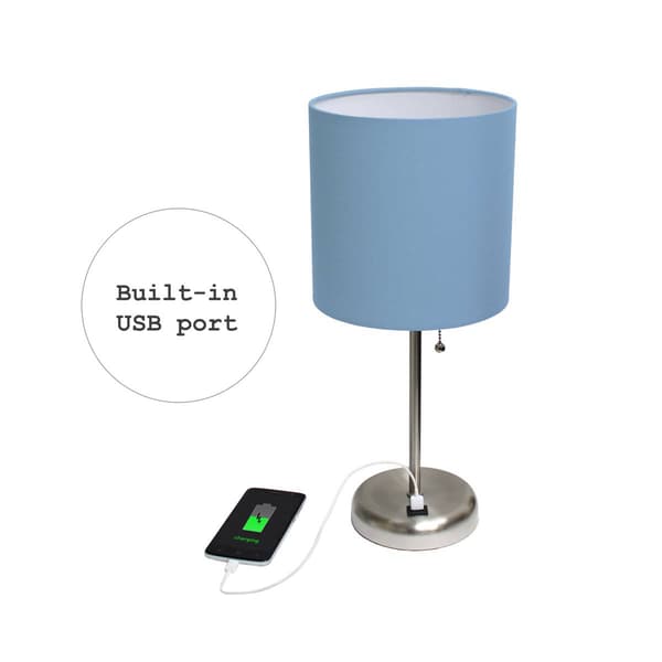 LimeLights Brushed Steel Lamp/USB Charge Port/Blue Shade-Set of 2