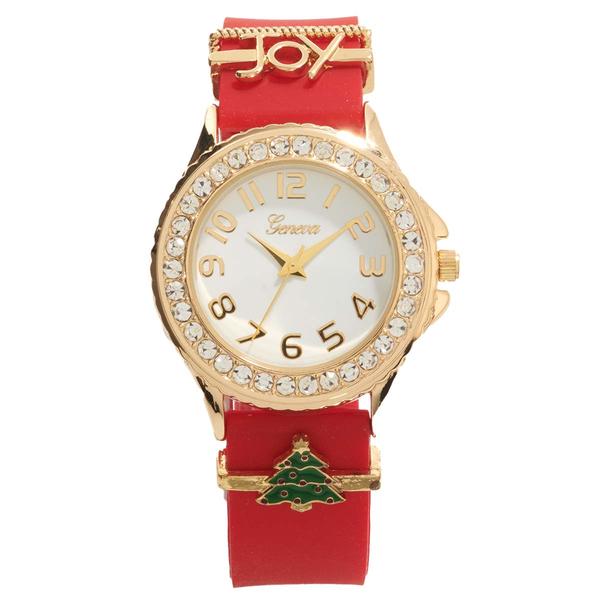Gold-Tone & Red Rhinestone Watch With Joy & Tree Sliders-PT10167A - image 