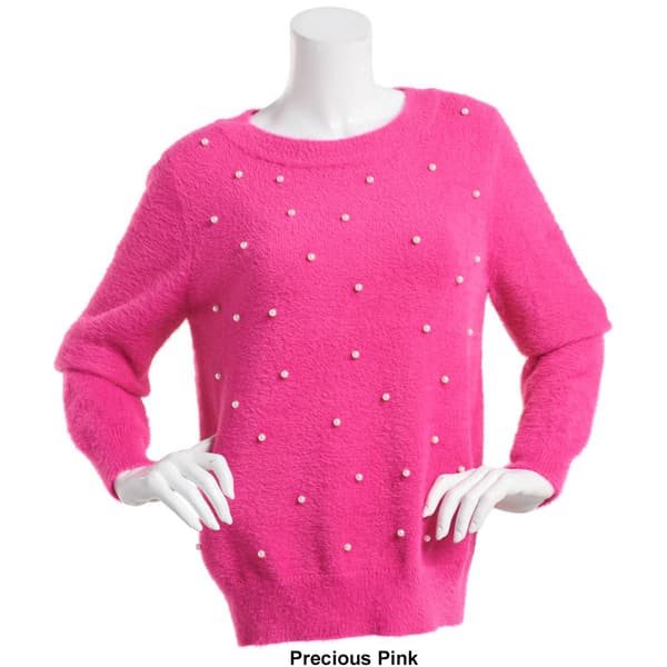 Womens Nanette Lepore Long Sleeve Fuzzy Sweater with Pearls