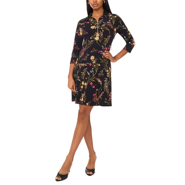 Womens MSK Long Sleeve Floral 1/2 Zip Neck Shift Dress