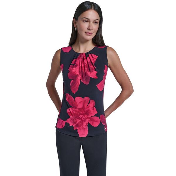 Womens Calvin Klein Sleeveless Pleat Place Large Flower Blouse