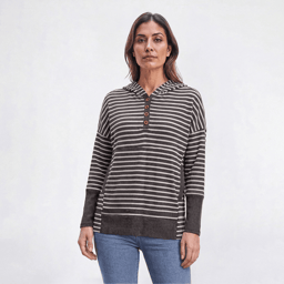 Womens C''est La Vie Long Sleeve Ribbed Stripe Hoodie - Black