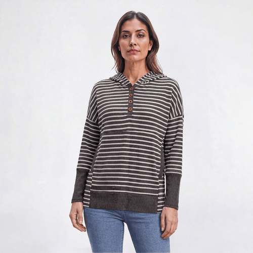 Womens C''est La Vie Long Sleeve Ribbed Stripe Hoodie - Black