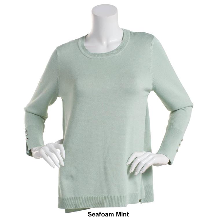 Plus Size Retrology Crew Neck Button Sleeve Side Slit Sweater
