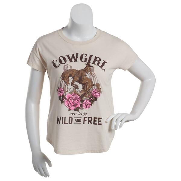 Juniors No Comment Short Sleeve Crew Neck Cowgirl Tee - image 