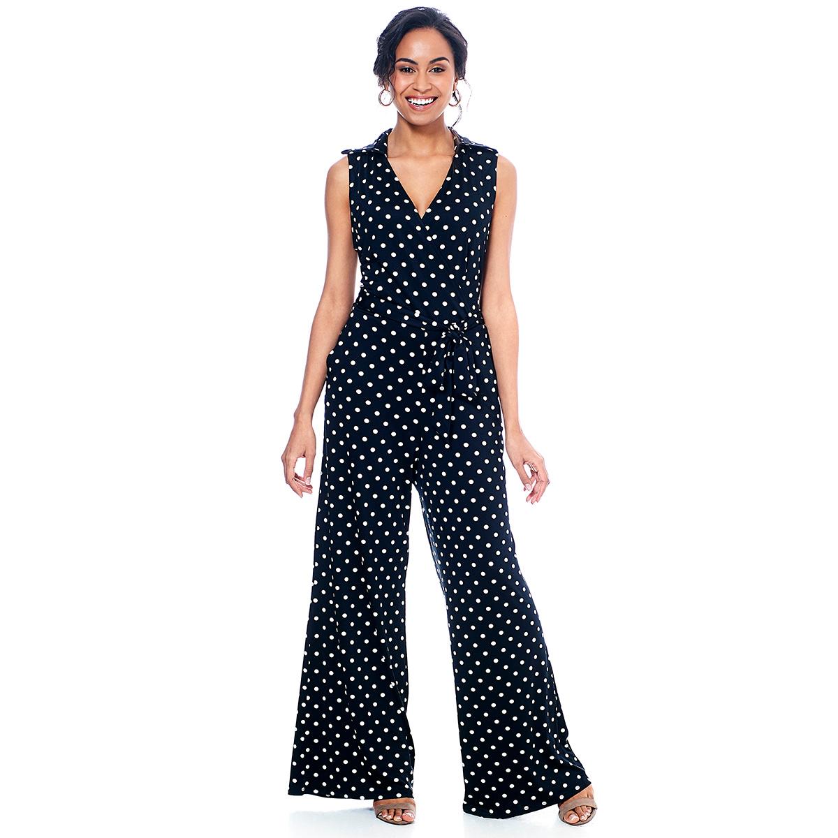 Womens Nina Leonard Sleeveless Dot Print Collar Belted...