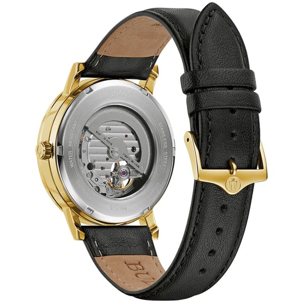 Mens Bulova Automatic Goldtone Black Leather Strap Watch - 97A154