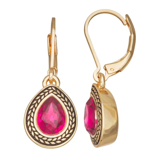 Napier Gold-Tone & Fuchsia Teardrop Leverback Earrings - image 