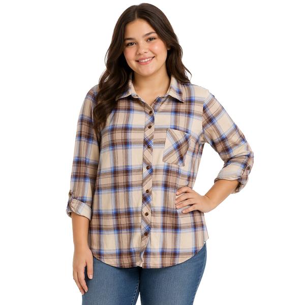 Juniors Plus No Comment Fleece Lined Plaid Flannel - Tan