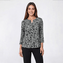 Petite Napa Valley 3/4 Sleeve Floral Split Neck Knit Blouse