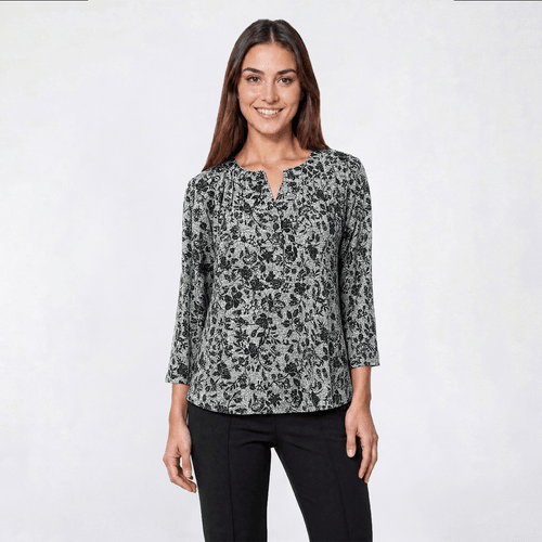 Petite Napa Valley 3/4 Sleeve Floral Split Neck Knit Blouse