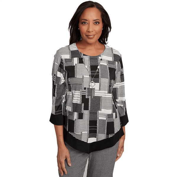 Womens Alfred Dunner Santa Barbara Patchwork Solid Black Trim Top - image 