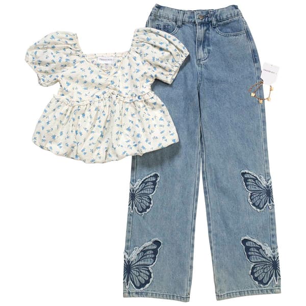 Girls (7-12) Tween Diva Floral Baby Doll Top & Butterfly Jeans