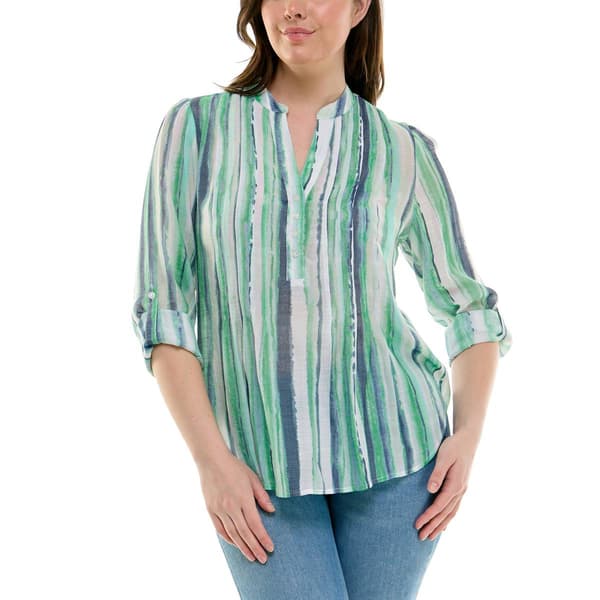 Womens Zac & Rachel 3/4 Roll Tab Sleeve Stripe Blouse