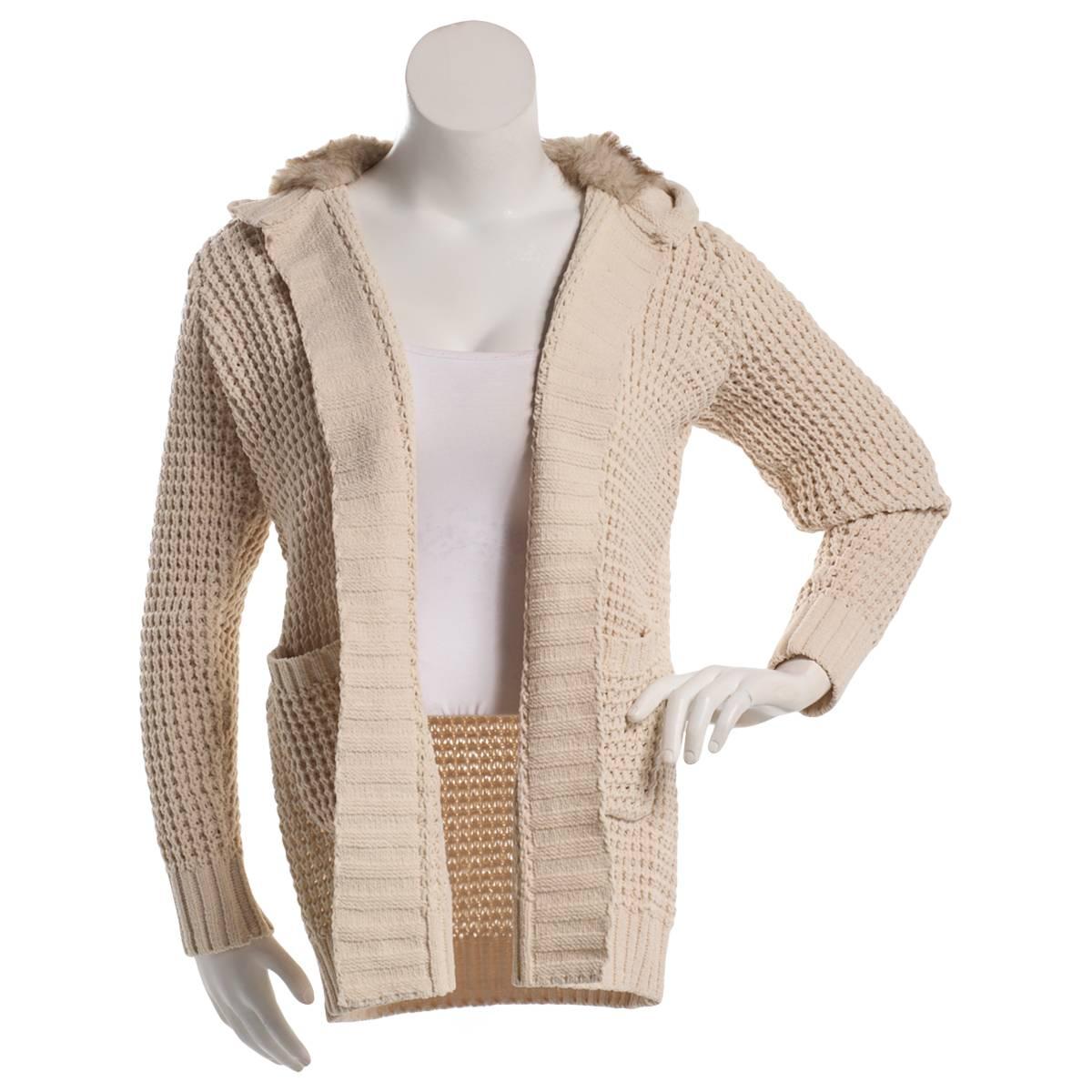Juniors Madden Girl Faux Fur Lined Hood Waffle Cardigan