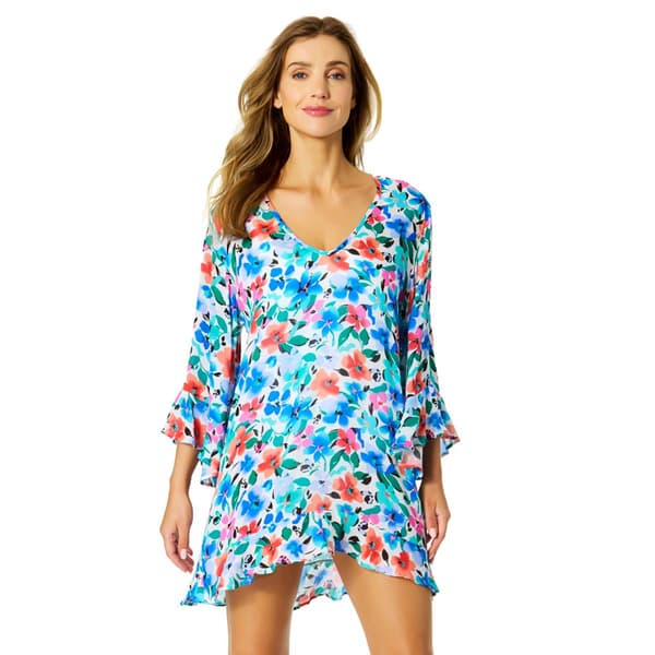 Womens Anne Cole Flore Print Bell Sleeve Flounce Tunic Cover-Up