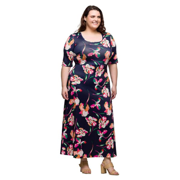 Plus Size 24/7 Comfort Apparel Navy Floral A-Line Maxi Dress
