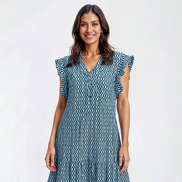 Womens Sami & Jo Sleeveless Geo Henley Ruffle Hem Shift Dress