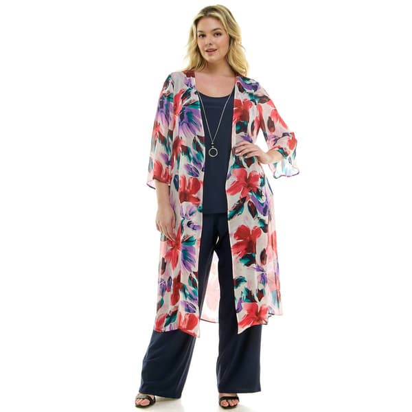 Plus Size Sara Michelle Print Chiffon Duster w pants - image 