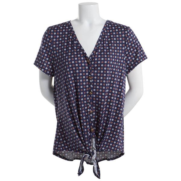Womens C''est La Vie Short Sleeve Daisy Button Tie Front Blouse - image 