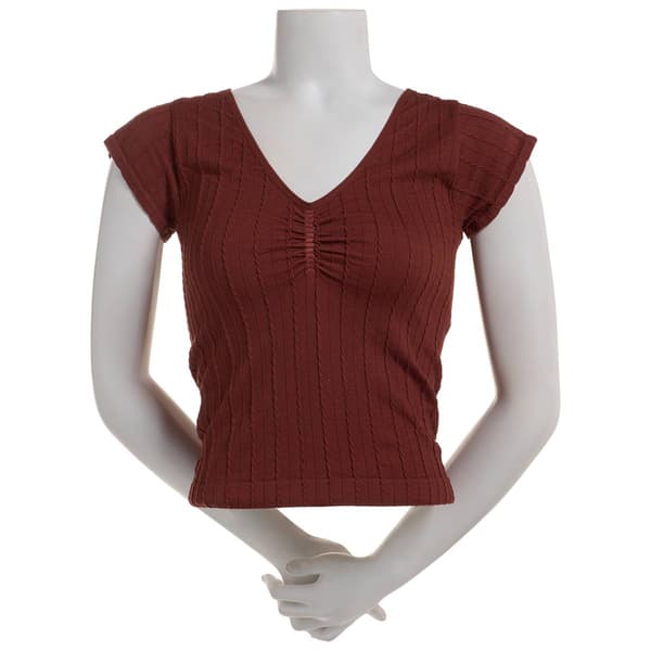 Juniors Wallflower Short Sleeve Seamless Cable Ruched Tee - image 