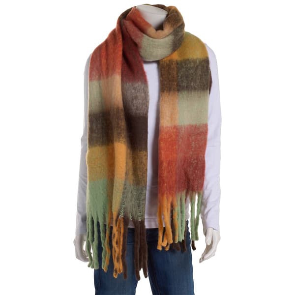 Womens Renshun Plaid Blanket Scarf with Noodle Fringes -Brown/Red - image 