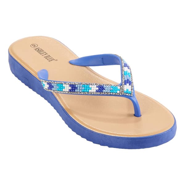 Womens Ashley Blue Beaded Rhinestone Flip Flop Sandals