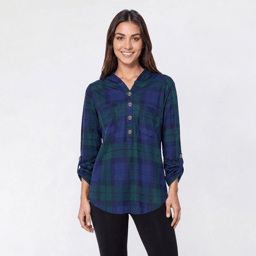 Womens New York Laundry Long Sleeve Plaid Chest Pocket Hoodie
