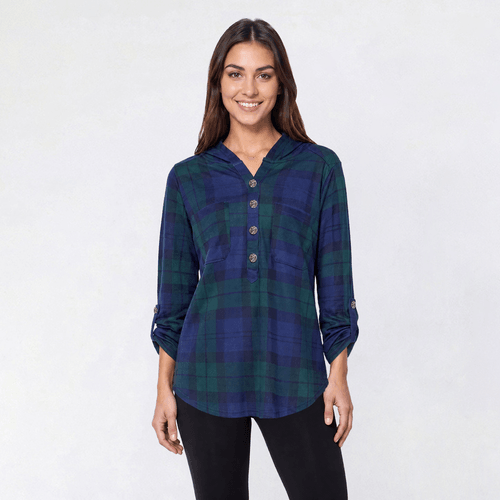 Womens New York Laundry Long Sleeve Plaid Chest Pocket Hoodie