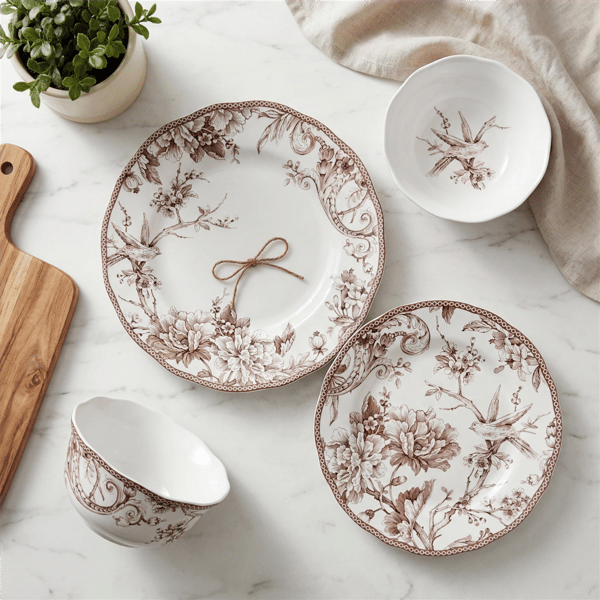 222 Fifth Adelaide Brown on White Porcelain 12pc. Dinnerware Set