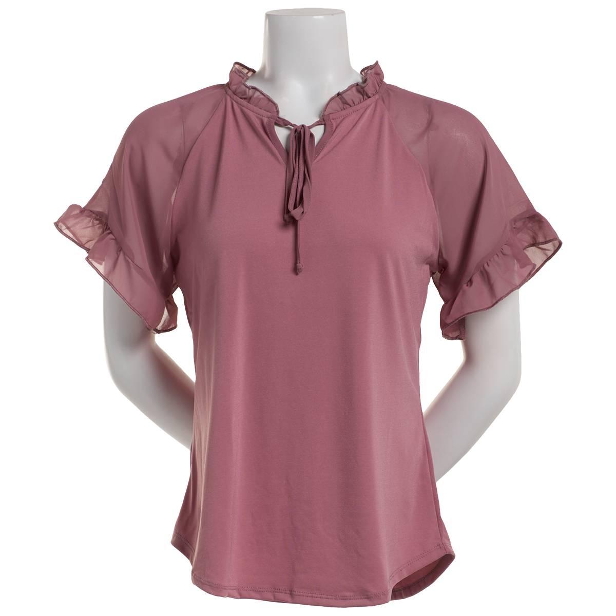 Petite NY Collection Solid Short Ruffle Sleeve Blouse