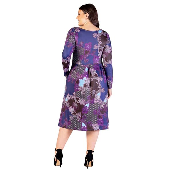 Plus Size 24/7 Comfort Apparel Purple Paisley Midi Pocket Dress