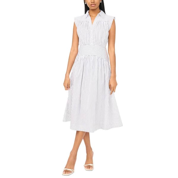 Womens MSK Sleeveless Poplin Stripe Cinched Waist Midi Dress - image 