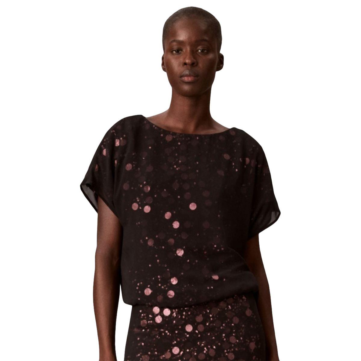 Womens Calvin Klein Short Sleeve Boat Neck Sequin Dot Blouse