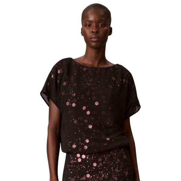 Womens Calvin Klein Short Sleeve Boat Neck Sequin Dot Blouse